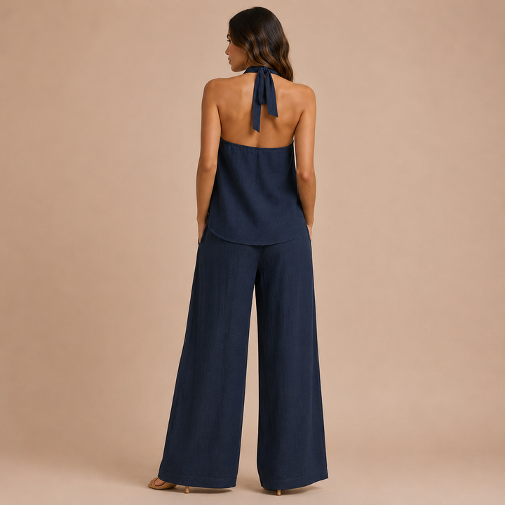 Isabel - Halter Top Set with Buttons and Palazzo Trousers