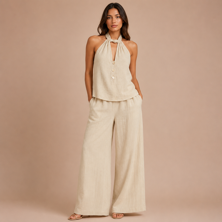 Isabelle - Halter Top Set with Buttons and Palazzo Trousers