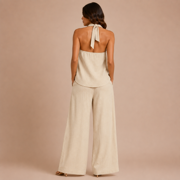 Isabelle - Halter Top Set with Buttons and Palazzo Trousers