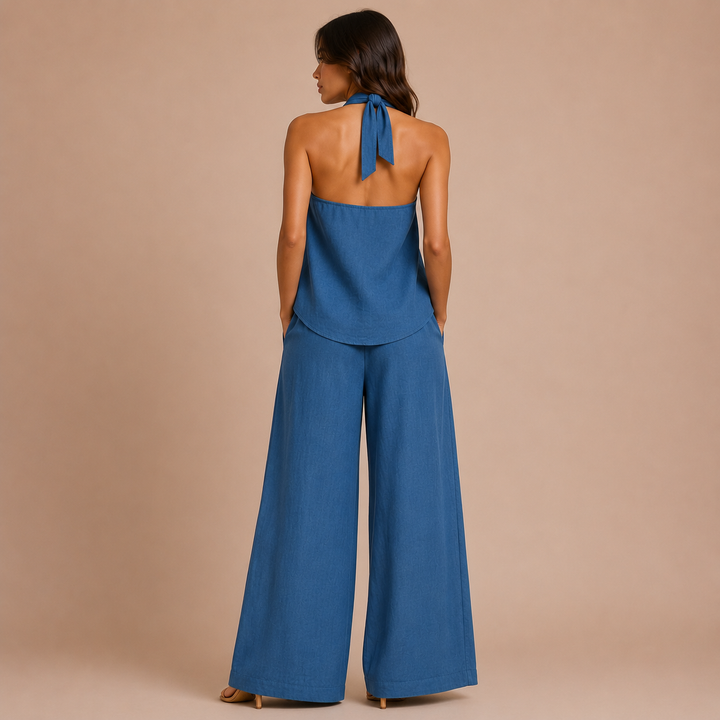 Isabelle - Halter Top Set with Buttons and Palazzo Trousers
