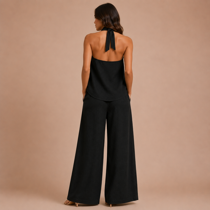 Isabelle - Set with Halter Top and Buttons, Accompanied by Palazzo Trousers