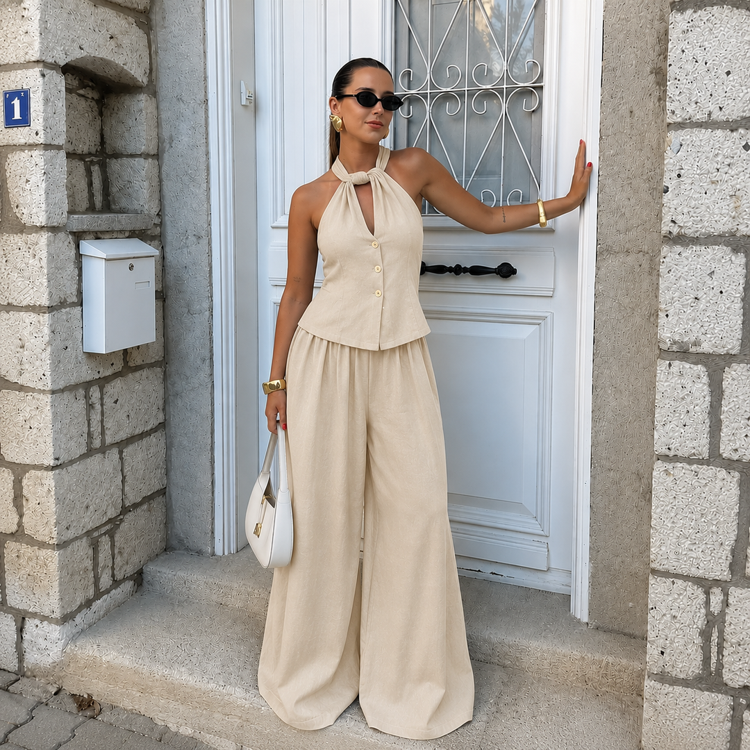 Isabelle - Halter Top Set with Buttons and Palazzo Trousers