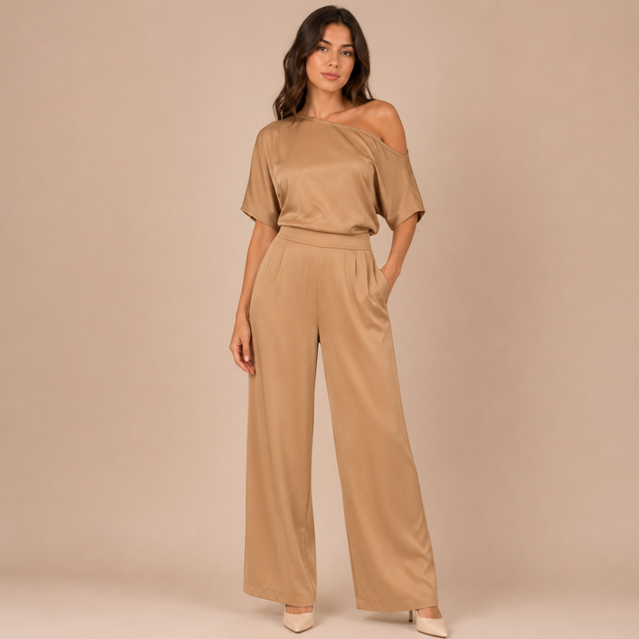 Marianna - Asymmetric One-Piece Dress with Short Sleeves and Wide Legs