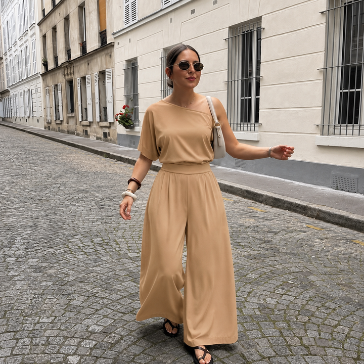 Marianna - Asymmetric One-Piece Dress with Short Sleeves and Wide Legs