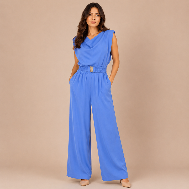 Beatrice - One-piece with sleeves and draped neckline, adorned with a gold belt