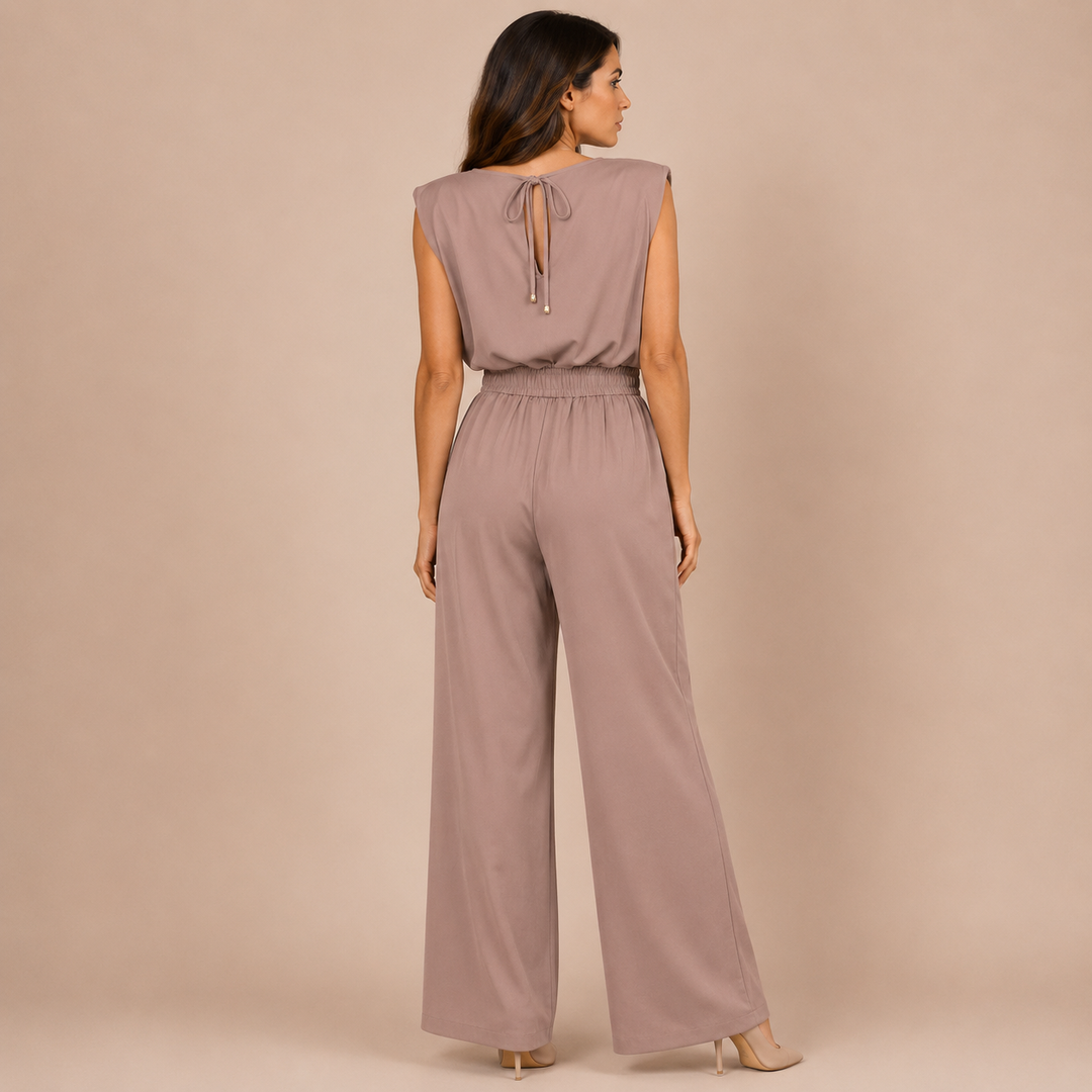 Beatriz - Sleeveless Jumpsuit with Pleated Neckline and Gold Belt