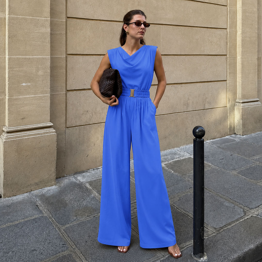 Beatrice - One-piece with sleeves and draped neckline, adorned with a gold belt