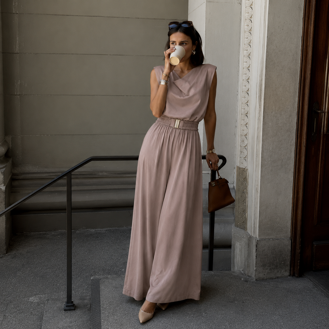 Beatriz - Sleeveless Monochrome Dress with Pleated Neckline and Gold Belt