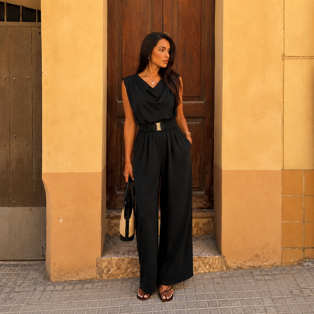 Beatriz - Sleeveless Solid Dress with Drape and Gold Belt