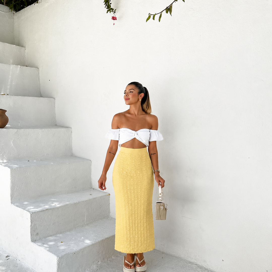 Natalia - Midi Skirt with Texture and Wide Belt