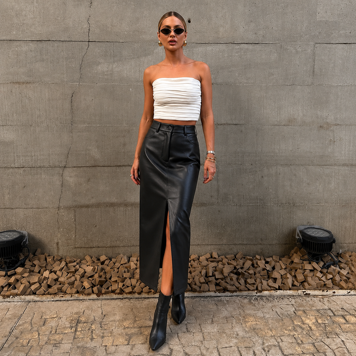 Louisa - Mini Skirt in Faux Leather with Front Split