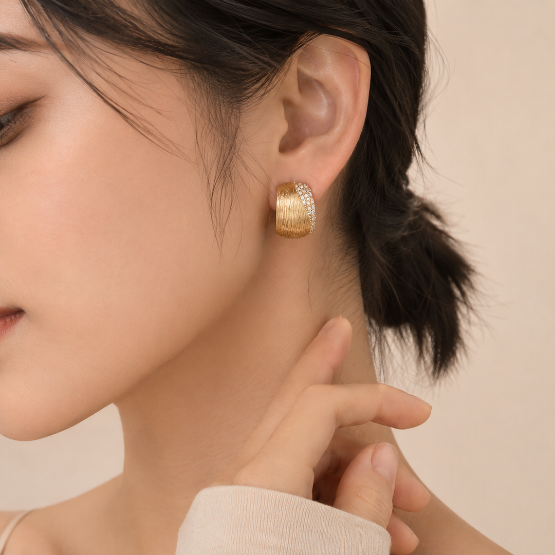 Gold Satin Finish Wide Drop Earrings with Crystals