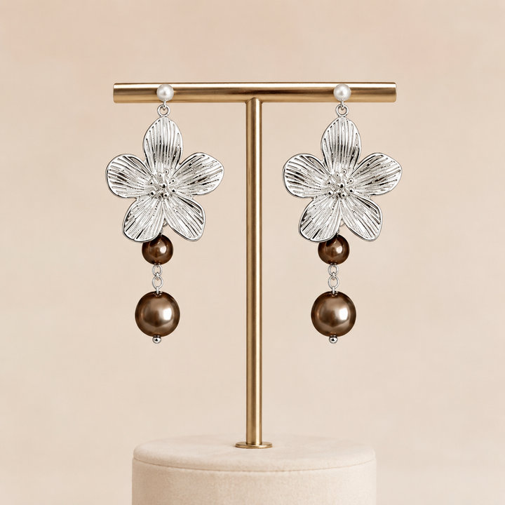 Silver Flower Drop Earrings with Brown Pearls