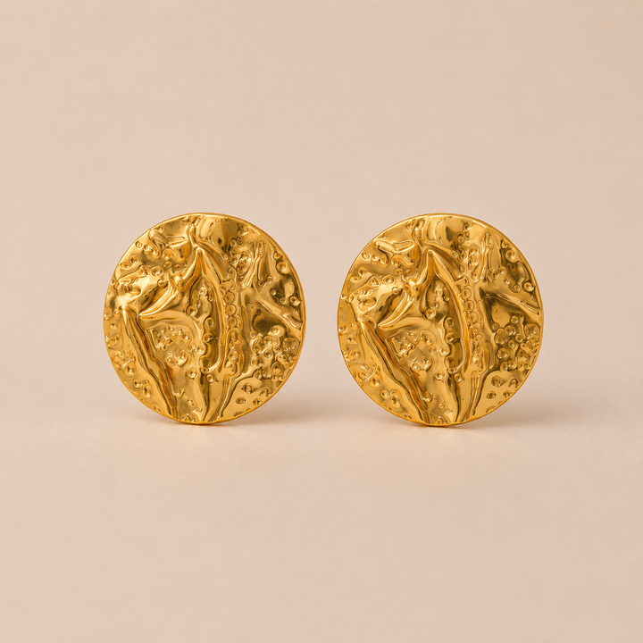 Gold Earrings with Botanical Relief