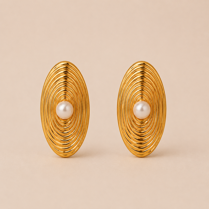 Gold Oval Earrings with Spiral Design and Central Pearl