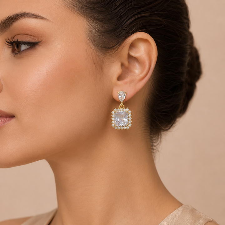 Square Crystal Earrings with Zircon Halo