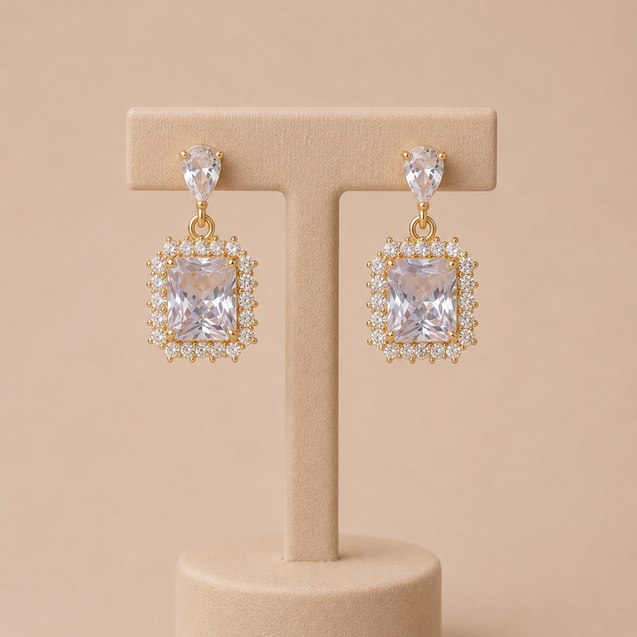 Square Crystal Earrings with Zircon Halo