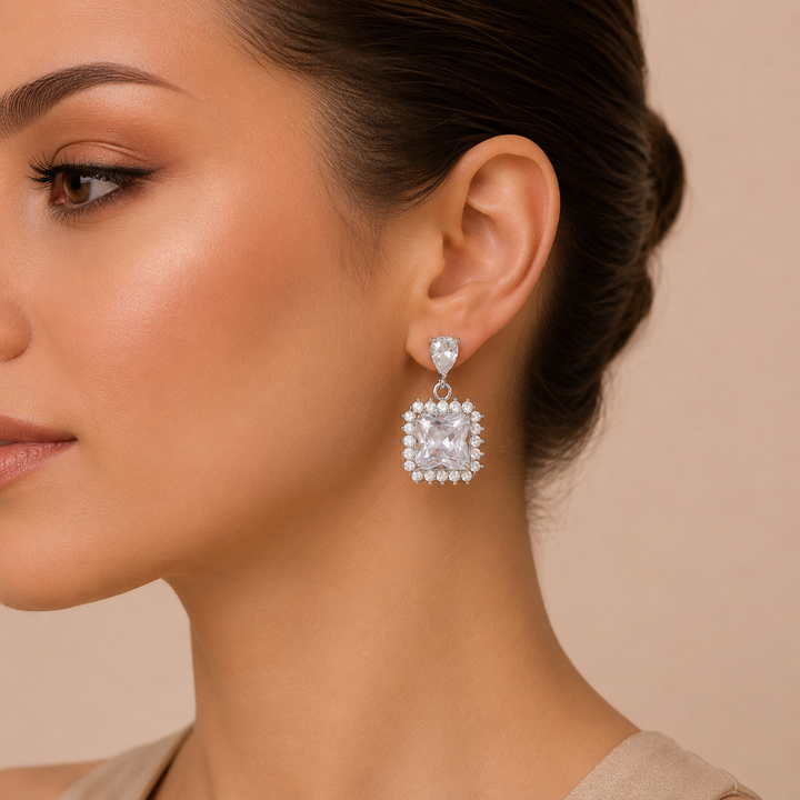 Crystal Square Earrings with Halo Zircon