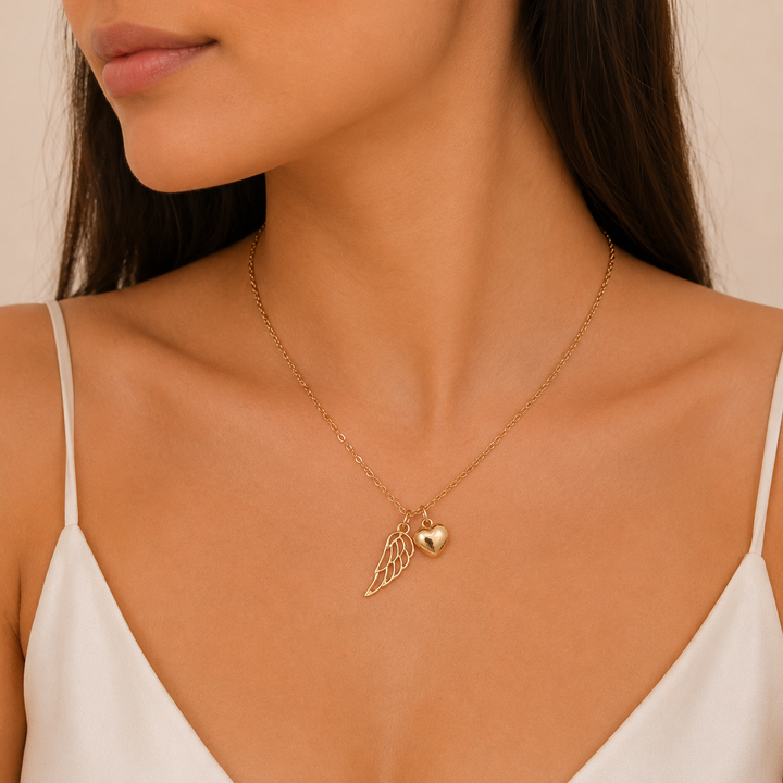 Chain Necklace with Angel Wing Pendant and Heart