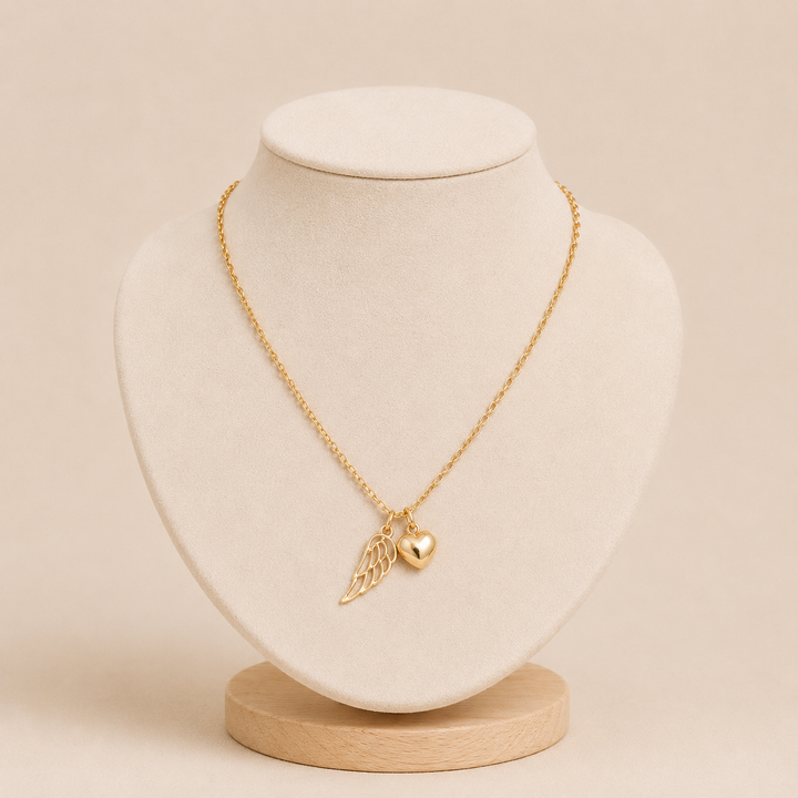 Chain Necklace with Angel Wing Pendant and Heart