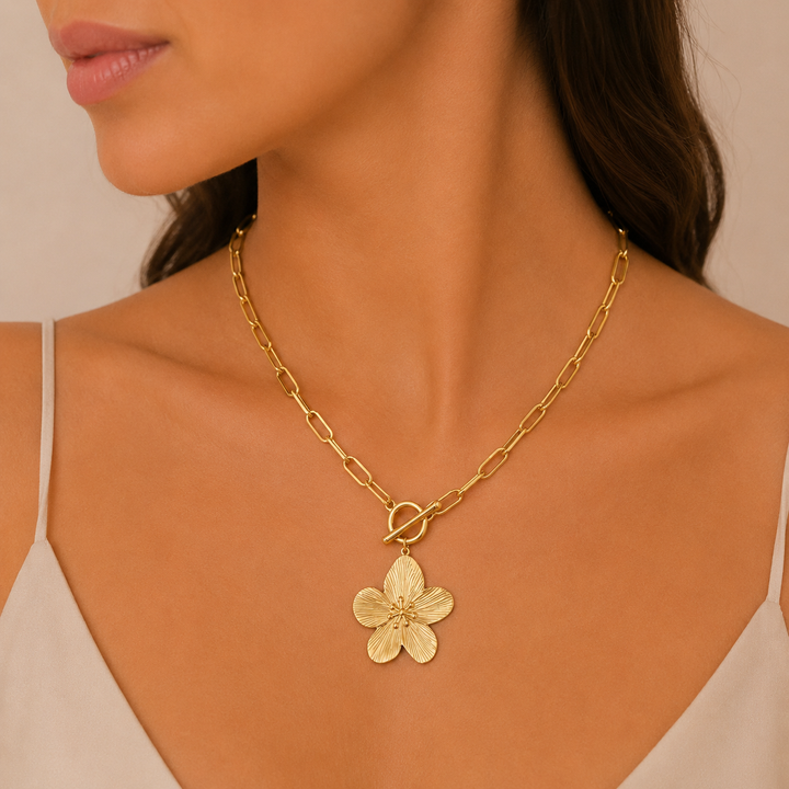 Paperclip Chain Necklace with Textured Flower Pendant