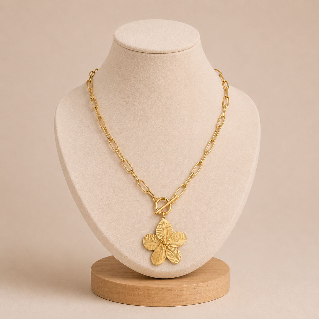 Paperclip Chain Necklace with Textured Flower Pendant