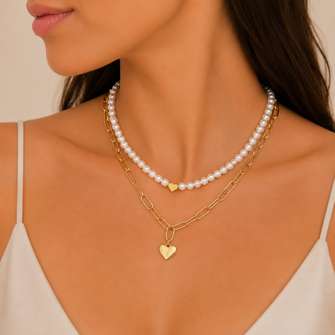 Double Necklace with Pearls and Paperclip Chain with Hanging Heart