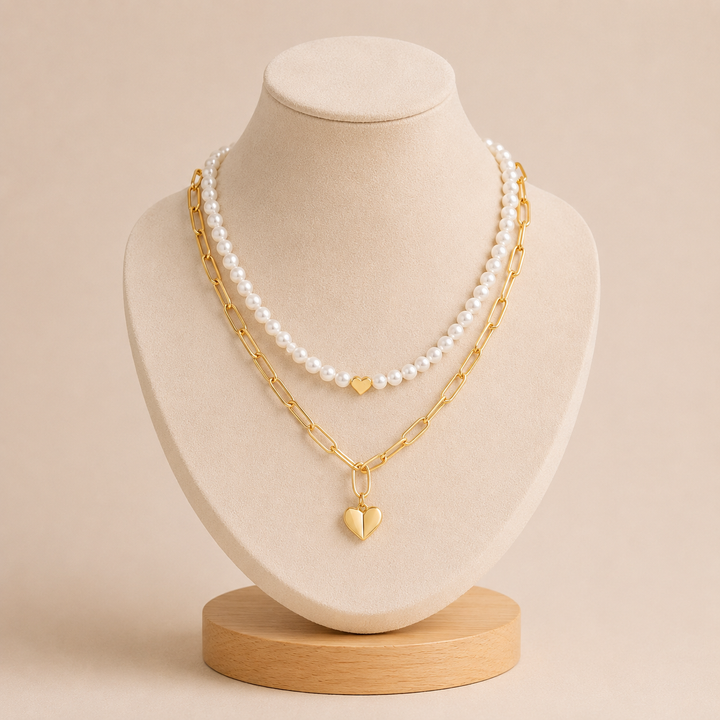 Double Necklace with Pearls and Paperclip Chain with Hanging Heart