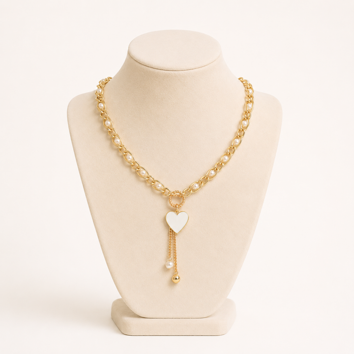 Gold Necklace with White Heart Design