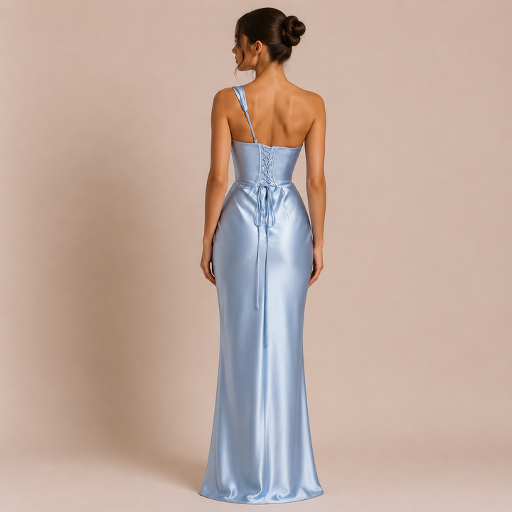Elisa - Satin dress with off-the-shoulder design and sheath cut