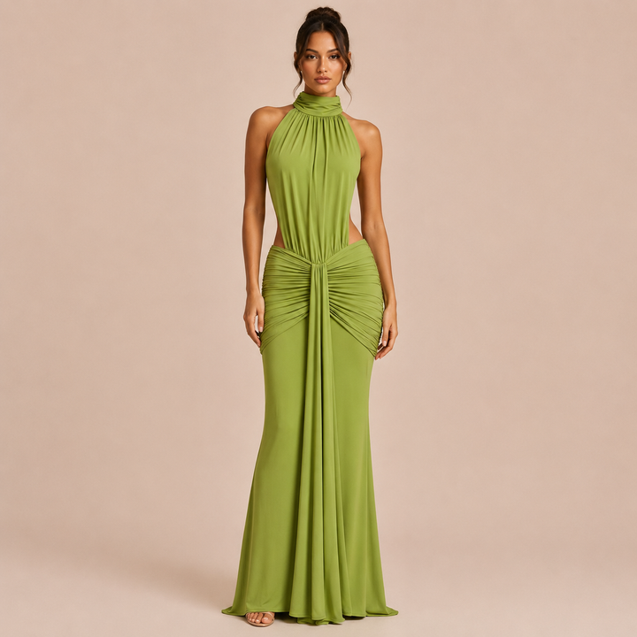 Pilar - Long halter neck dress with high neckline and open waist, mermaid silhouette