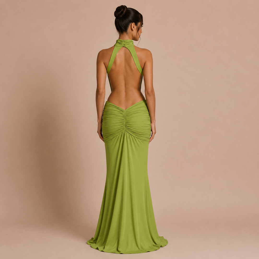 Pilar - Long halter neck dress with high neckline and open waist, mermaid silhouette