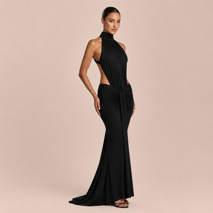 Pilar - Long Halter Dress with High Neck, Open Waist and Mermaid Silhouette