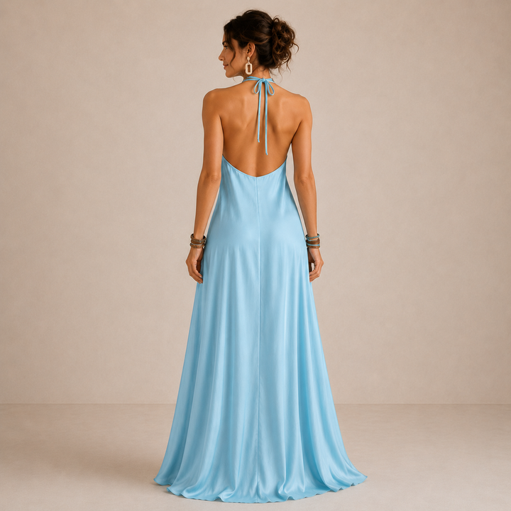 Liana | Blue Halter Neck Long Flowing Dress