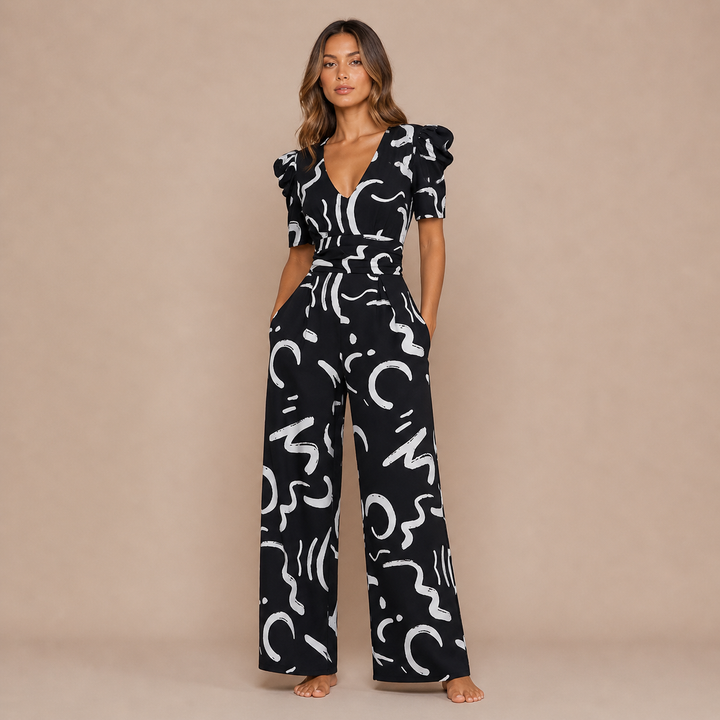 Lara – Contemporary jumpsuit with print and V neckline