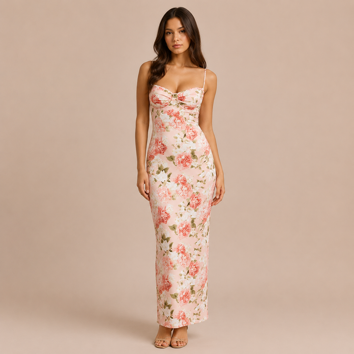 Rosary - Long floral dress with thin straps and a fitted silhouette
