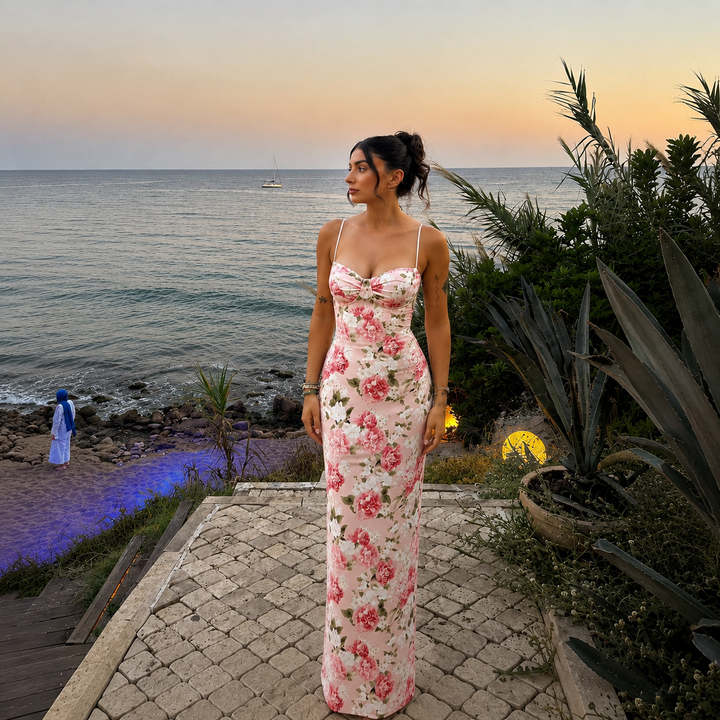 Rosary - Long floral dress with thin straps and a fitted silhouette