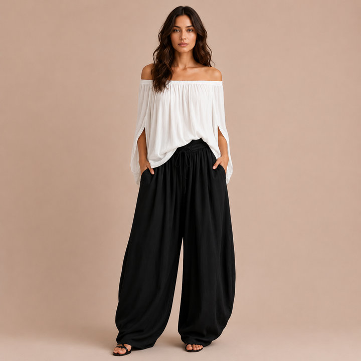 Isabella Off-Shoulder Blouse and Trousers Set