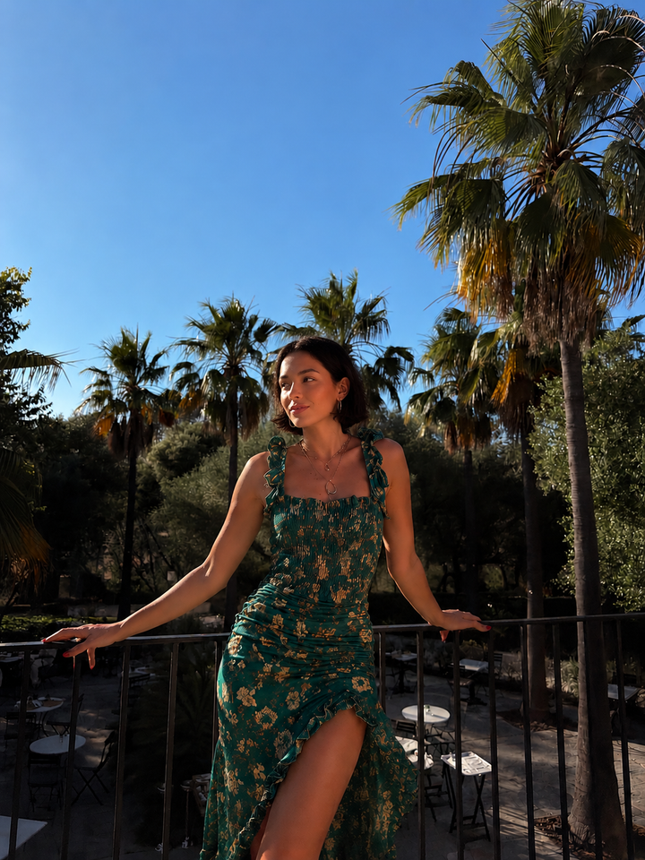 Bohemian Maxi Dress with Striped Sleeves and High Slit
