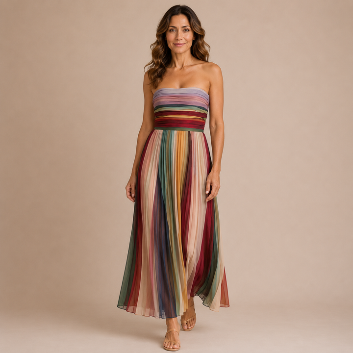Paloma - Pleated dress with heart-shaped neckline and multicoloured striped pattern
