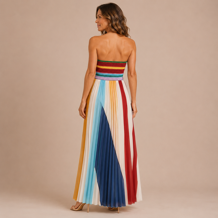 Paloma - Pleated dress with a multicoloured striped pattern and sweetheart neckline