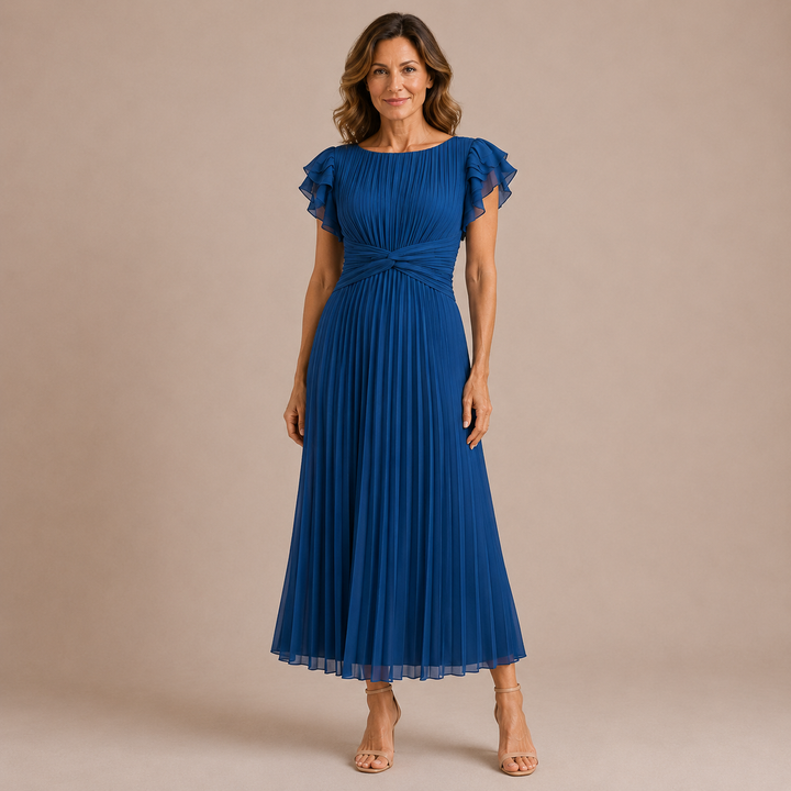 Cristina - Pleated Midi Dress with Puff Sleeves