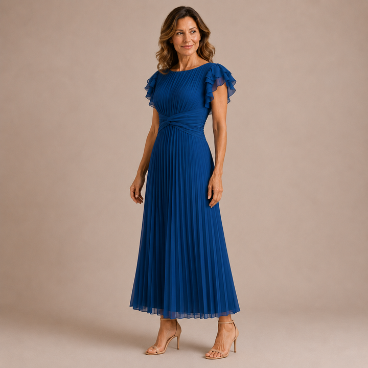 Cristina - Pleated Midi Dress with Puff Sleeves