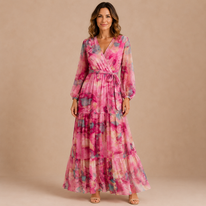 Pilar - Dress with Crossed V Neckline and Long Sleeves