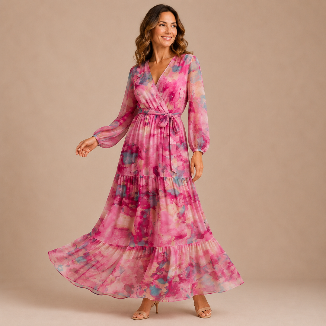 Pilar - Dress with Crossed V Neckline and Long Sleeves
