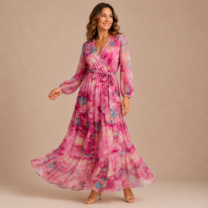 Pilar - Dress with Crossed V Neckline and Long Sleeves