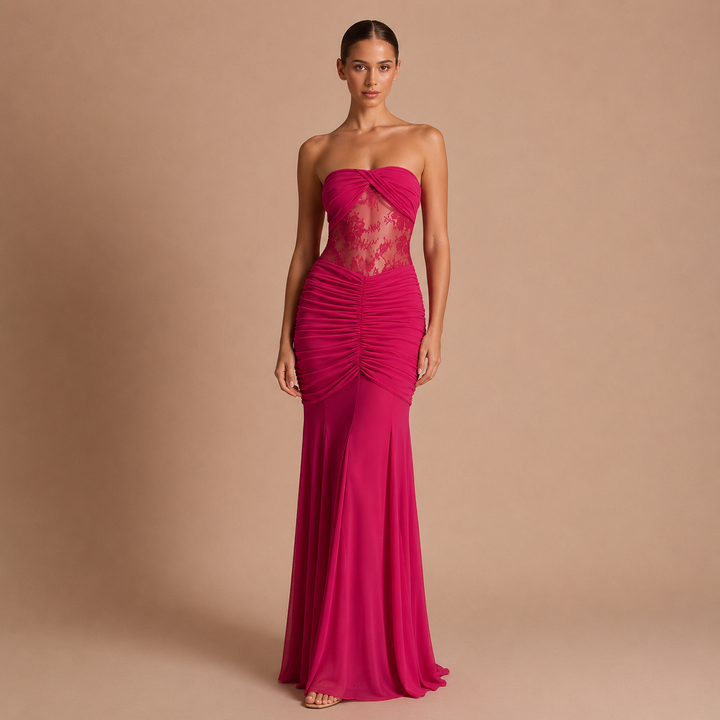 Eugenia - Long Dress with Lace Detail at the Waist