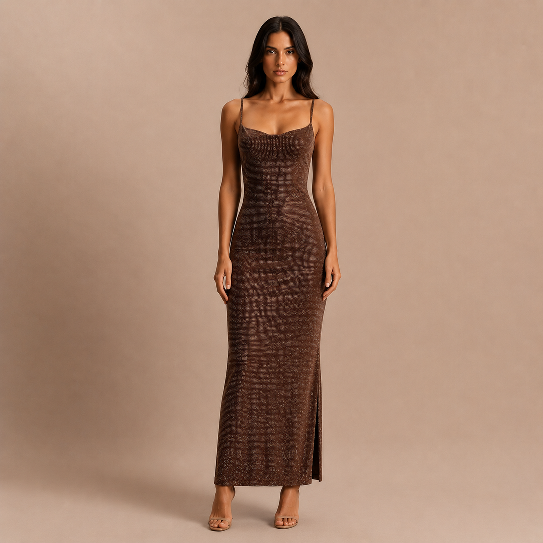 Jasmyn - Maxi Chocolate Dress with Crystal Sheerness