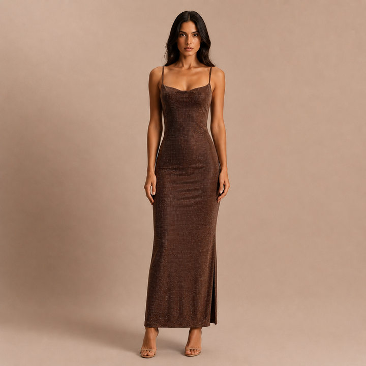 Jasmyn - Maxi Chocolate Dress with Crystal Sheerness