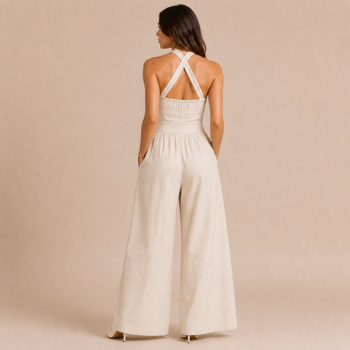 Veronica - One-piece dress with a crossover neckline, wide palazzo trousers and practical pockets